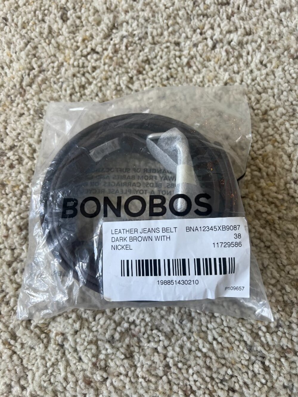 Bonobos leather belt - Dark Brown w/ Nickel buckle - Size 38 - Brand New